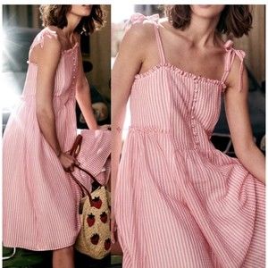 Sezane Juliette Pink Striped Mini Dress A Line Knotted Straps Size FR 34 US 2